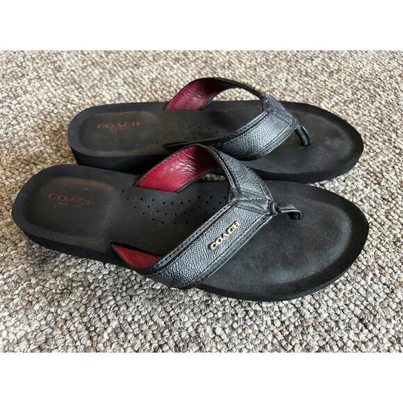Coach Women's Black Leather Flip Flop Sandals - Picture 1 of 5